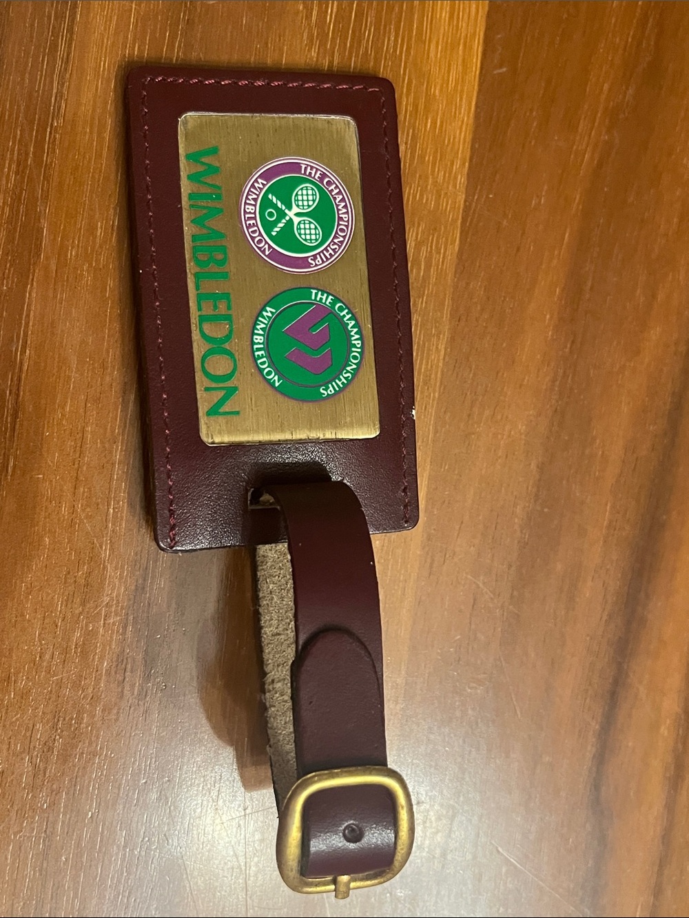 Wimbledon Burgundy Leather Luggage Tag with Brass Plate and Green Logo